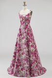 Fuchsia A-Line Floral Jacquard Square Neck Pearls Long Prom Dress