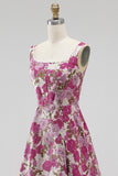 Fuchsia A-Line Floral Jacquard Square Neck Pearls Long Prom Dress