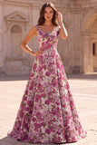 Fuchsia A-Line Floral Jacquard Square Neck Pearls Long Prom Dress