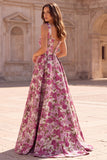 Fuchsia A-Line Floral Jacquard Square Neck Pearls Long Prom Dress