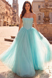Mint Corset Pearls Strapless A-Line Tulle Satin Long Prom Dress