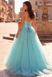 Mint Corset Pearls Strapless A-Line Tulle Satin Long Prom Dress