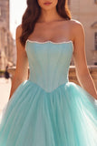 Mint Corset Pearls Strapless A-Line Tulle Satin Long Prom Dress