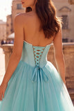 Mint Corset Pearls Strapless A-Line Tulle Satin Long Prom Dress