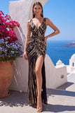Sparkly Black Golden Sheath V-Neck Sequins Long Prom Dress with Slit