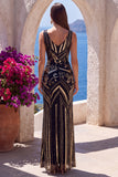 Sparkly Black Golden Sheath V-Neck Sequins Long Prom Dress with Slit