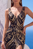 Sparkly Black Golden Sheath V-Neck Sequins Long Prom Dress with Slit