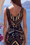 Sparkly Black Golden Sheath V-Neck Sequins Long Prom Dress with Slit