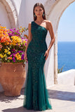 Dark Green One Shoulder Sequins Mermaid Tulle Long Prom Dress