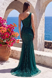 Dark Green One Shoulder Sequins Mermaid Tulle Long Prom Dress