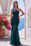 Dark Green One Shoulder Sequins Mermaid Tulle Long Prom Dress