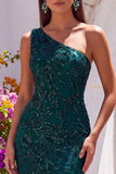 Dark Green One Shoulder Sequins Mermaid Tulle Long Prom Dress
