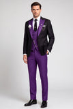 Peak Lapel Black Purple Color Block One Button 3 Piece Men's Prom Suits