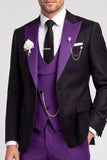 Peak Lapel Black Purple Color Block One Button 3 Piece Men's Prom Suits