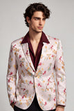 Floral Notched Lapel One Button Pinkish White Men's Prom Blazer