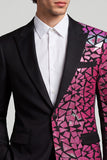 Peak Lapel Black Fuschia Color Block One Button Men's Prom Blazer