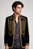 Stand Collar Black Golden Embroideried Men's Prom Blazer