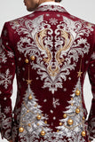 Christmas Printed Burgundy Notched Lapel One Button Men's Prom Blazer