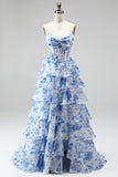Blue A-Line Corset Printed Tiered Ruffled Ruched Chiffon Strapless Long Prom Dress