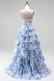 Blue A-Line Corset Printed Tiered Ruffled Ruched Chiffon Strapless Long Prom Dress