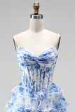 Blue A-Line Corset Printed Tiered Ruffled Ruched Chiffon Strapless Long Prom Dress