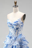 Blue A-Line Corset Printed Tiered Ruffled Ruched Chiffon Strapless Long Prom Dress