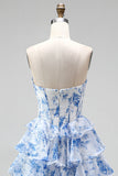 Blue A-Line Corset Printed Tiered Ruffled Ruched Chiffon Strapless Long Prom Dress