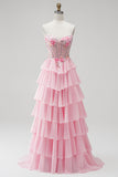 Pink A-Line Tiered Ruffled Corset Appliques Strapless Long Prom Dress with Beading