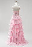 Pink A-Line Tiered Ruffled Corset Appliques Strapless Long Prom Dress with Beading
