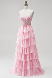 Pink A-Line Tiered Ruffled Corset Appliques Strapless Long Prom Dress with Beading