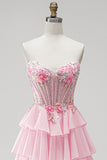 Pink A-Line Tiered Ruffled Corset Appliques Strapless Long Prom Dress with Beading