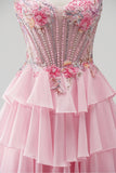 Pink A-Line Tiered Ruffled Corset Appliques Strapless Long Prom Dress with Beading