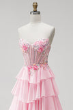 Pink A-Line Tiered Ruffled Corset Appliques Strapless Long Prom Dress with Beading
