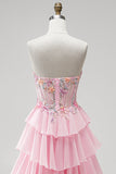 Pink A-Line Tiered Ruffled Corset Appliques Strapless Long Prom Dress with Beading