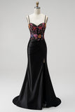 Black Mermaid Sequins Embroidery Corset Satin Spaghetti Straps Long Prom Dress with Slit