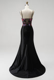Black Mermaid Sequins Embroidery Corset Satin Spaghetti Straps Long Prom Dress with Slit
