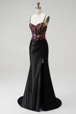 Black Mermaid Sequins Embroidery Corset Satin Spaghetti Straps Long Prom Dress with Slit