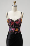 Black Mermaid Sequins Embroidery Corset Satin Spaghetti Straps Long Prom Dress with Slit