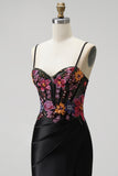 Black Mermaid Sequins Embroidery Corset Satin Spaghetti Straps Long Prom Dress with Slit