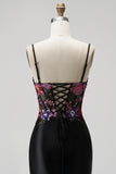 Black Mermaid Sequins Embroidery Corset Satin Spaghetti Straps Long Prom Dress with Slit