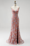Dusty Rose V-Neck Beaded Mermaid Sequins Appliques Long Prom Dress with Slit