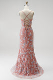 Dusty Rose V-Neck Beaded Mermaid Sequins Appliques Long Prom Dress with Slit