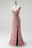 Dusty Rose V-Neck Beaded Mermaid Sequins Appliques Long Prom Dress with Slit