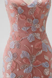 Dusty Rose V-Neck Beaded Mermaid Sequins Appliques Long Prom Dress with Slit