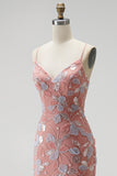 Dusty Rose V-Neck Beaded Mermaid Sequins Appliques Long Prom Dress with Slit