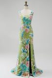 Green Floral Mermaid Beaded Square Neck Sequins Long Prom Dress with Slit