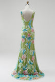 Green Floral Mermaid Beaded Square Neck Sequins Long Prom Dress with Slit