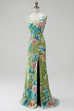 Green Floral Mermaid Beaded Square Neck Sequins Long Prom Dress with Slit