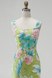 Green Floral Mermaid Beaded Square Neck Sequins Long Prom Dress with Slit