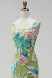 Green Floral Mermaid Beaded Square Neck Sequins Long Prom Dress with Slit